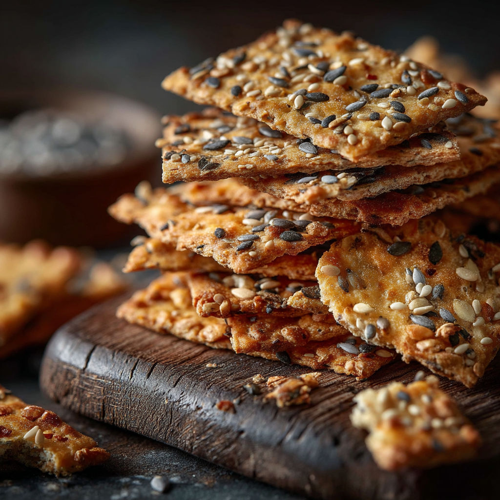 A stack of crackers with seeds on top.