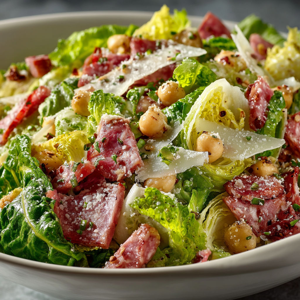 A salad with lettuce, tomatoes, and ham.