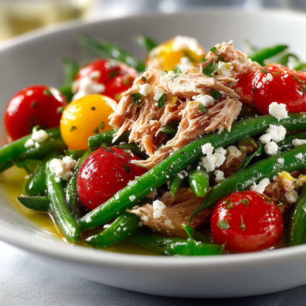 A plate of green beans with meat and cheese.