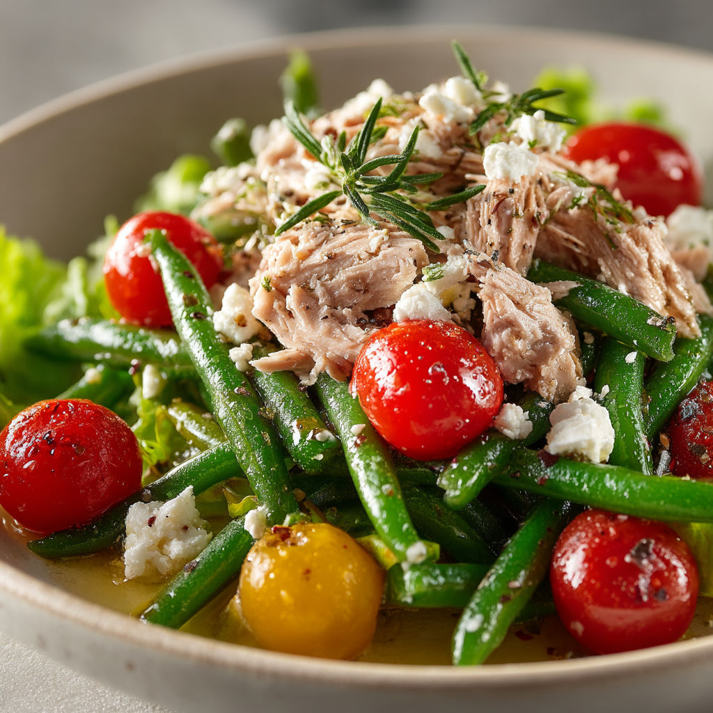 A bowl of food with green beans, tomatoes, and chicken.