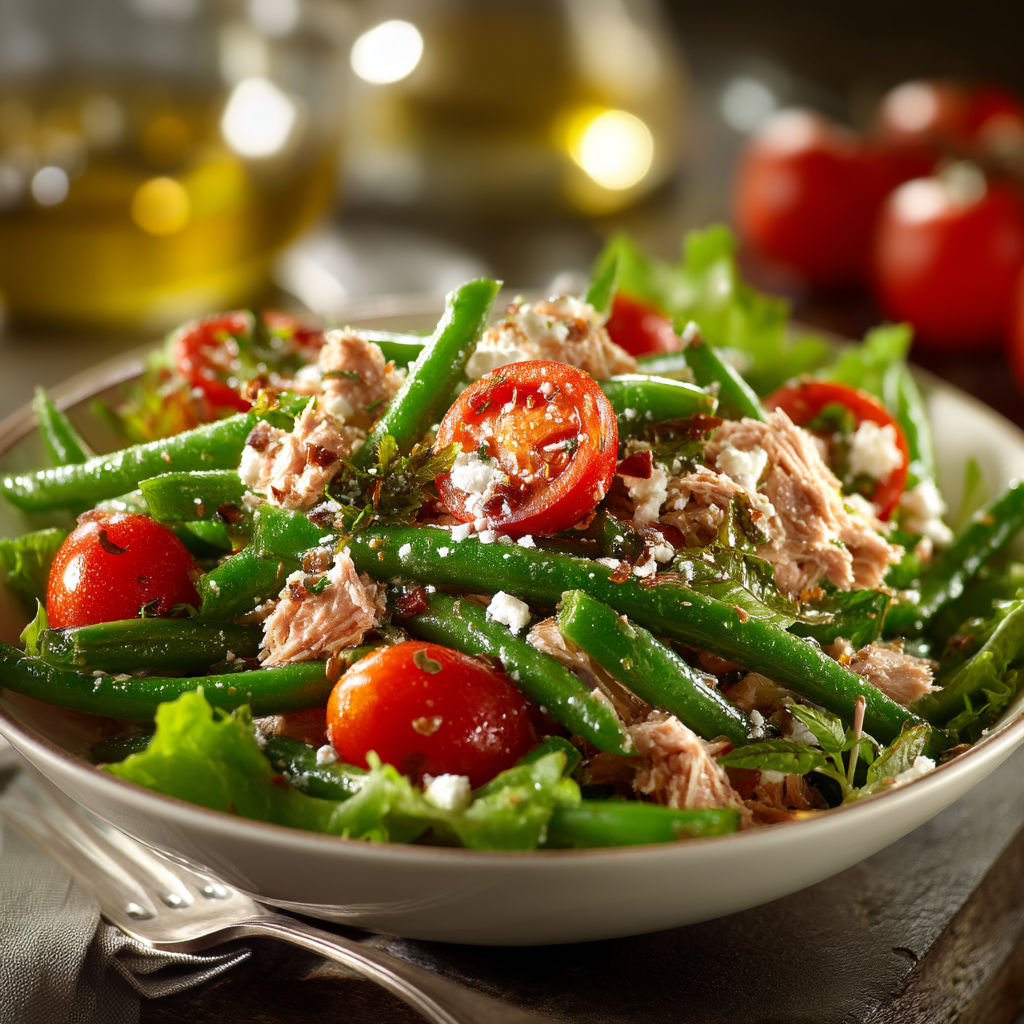A bowl of food with green beans, tomatoes, and meat.