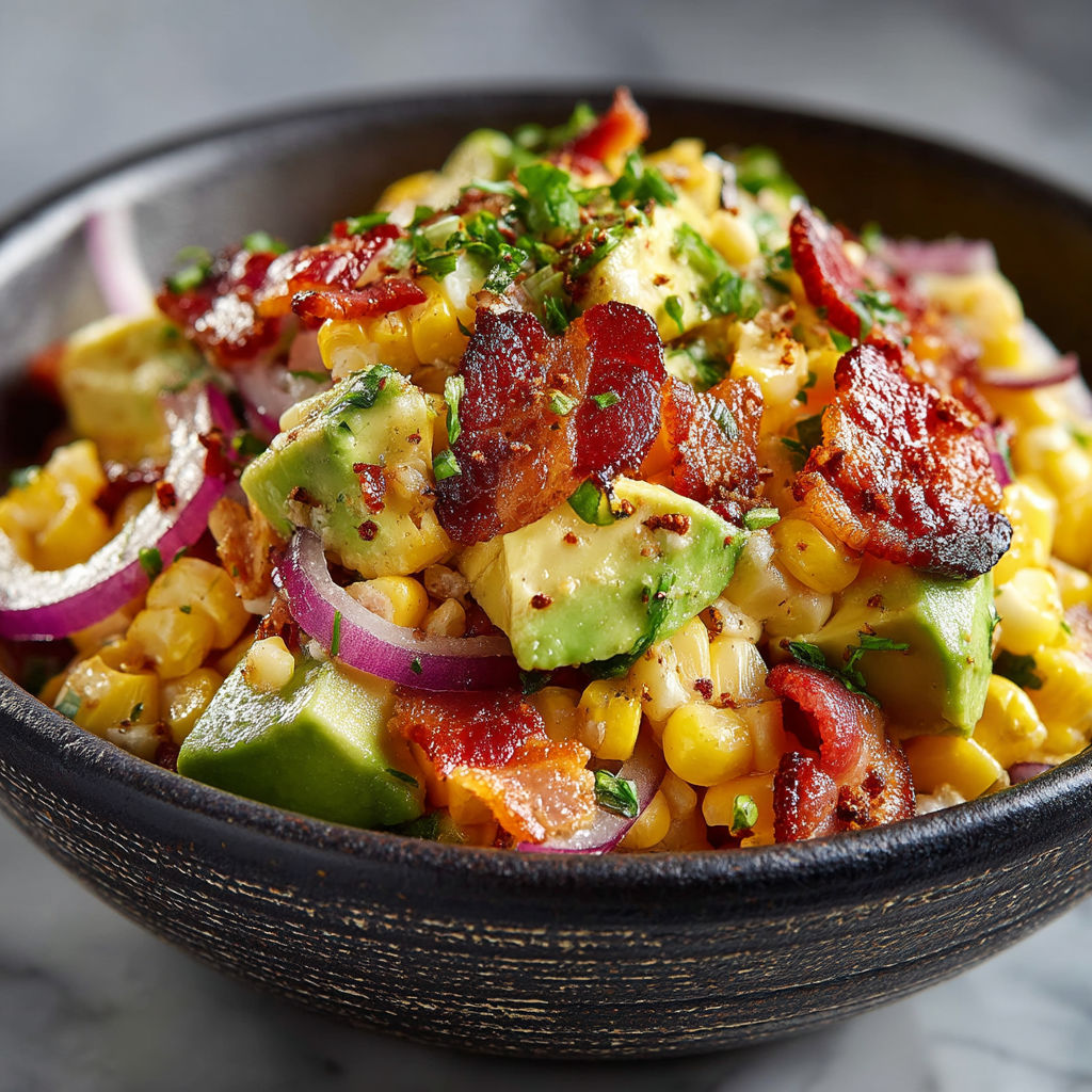 A bowl of salad with corn, avocado, and bacon.
