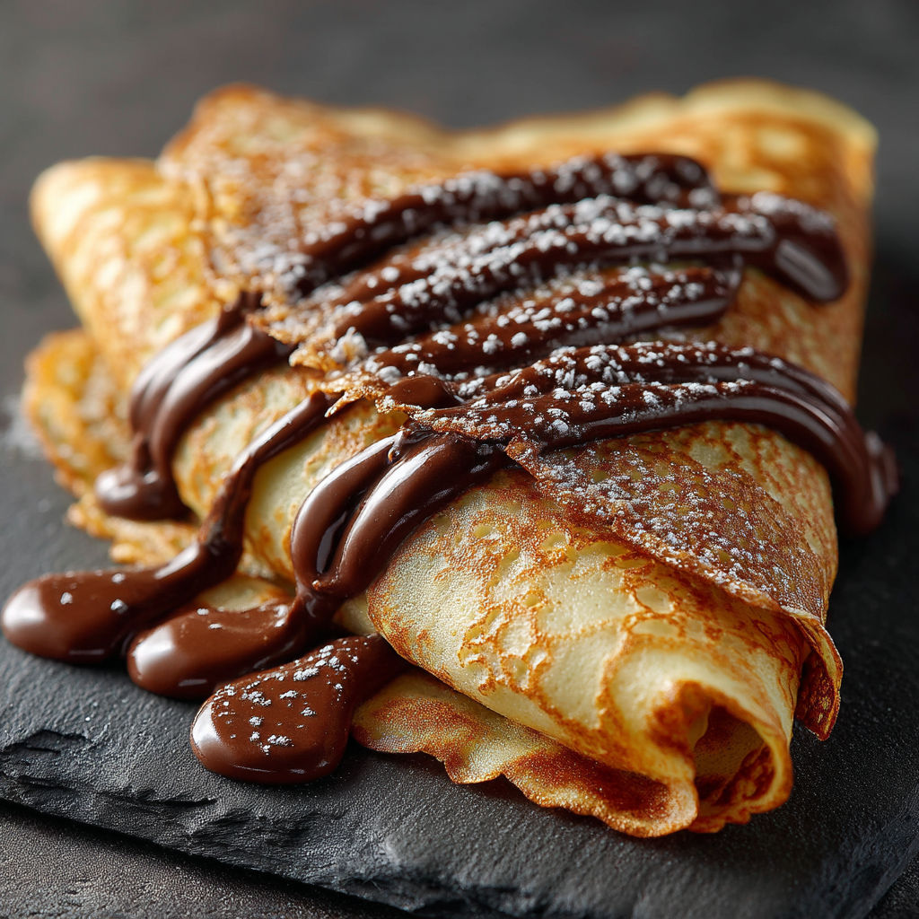 A chocolate covered crepe with chocolate drizzled on top.