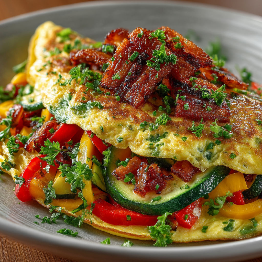 A plate of food with a variety of vegetables and bacon.