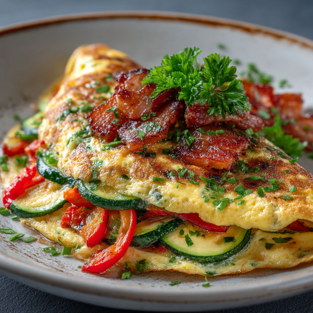 A plate of food with a cucumber and bacon on top.