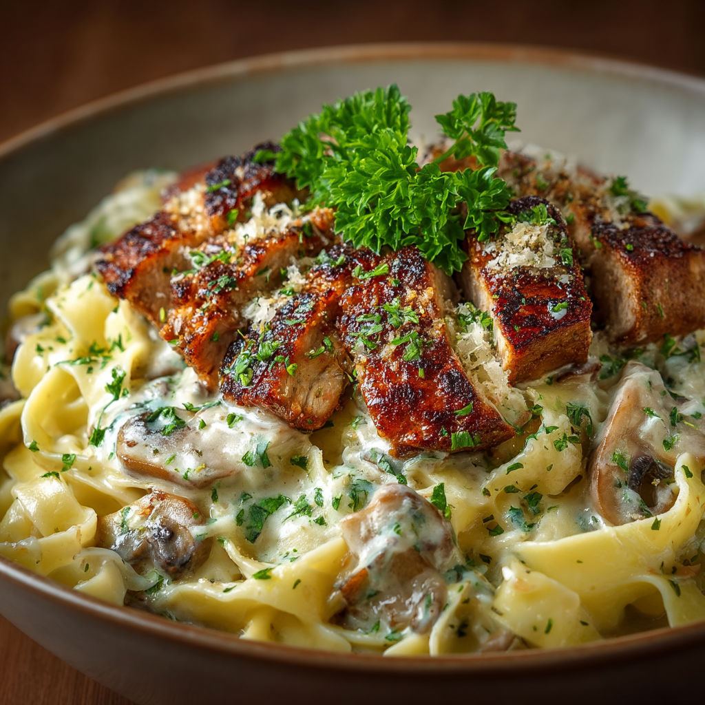 A bowl of pasta with meat and mushrooms.