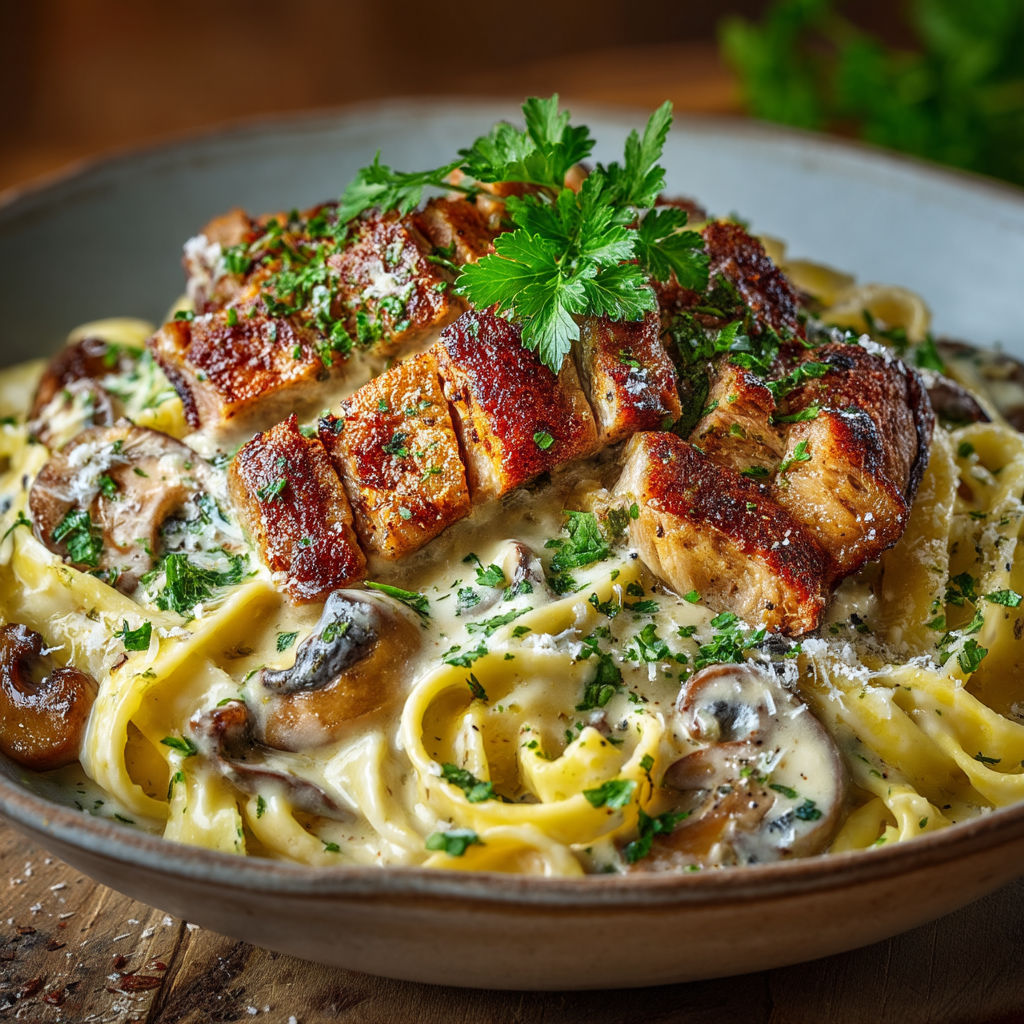 A plate of food with chicken and mushrooms.