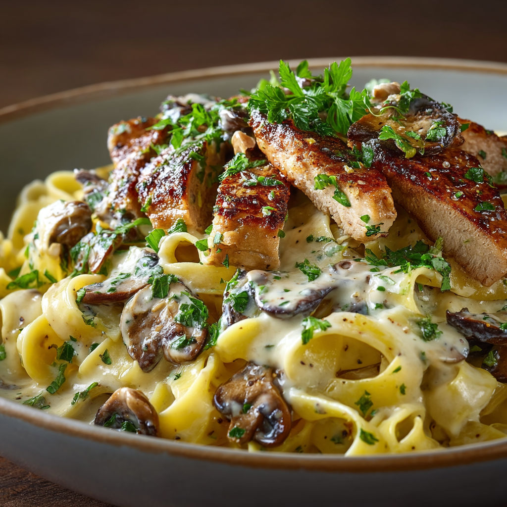 A plate of food with meat and mushrooms.