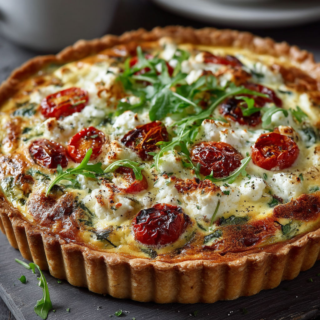 A quiche with tomatoes and cheese.
