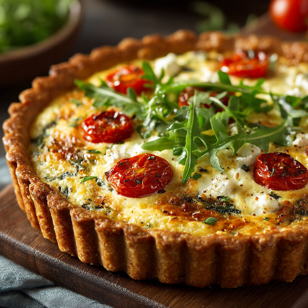 A quiche with tomatoes and cheese.