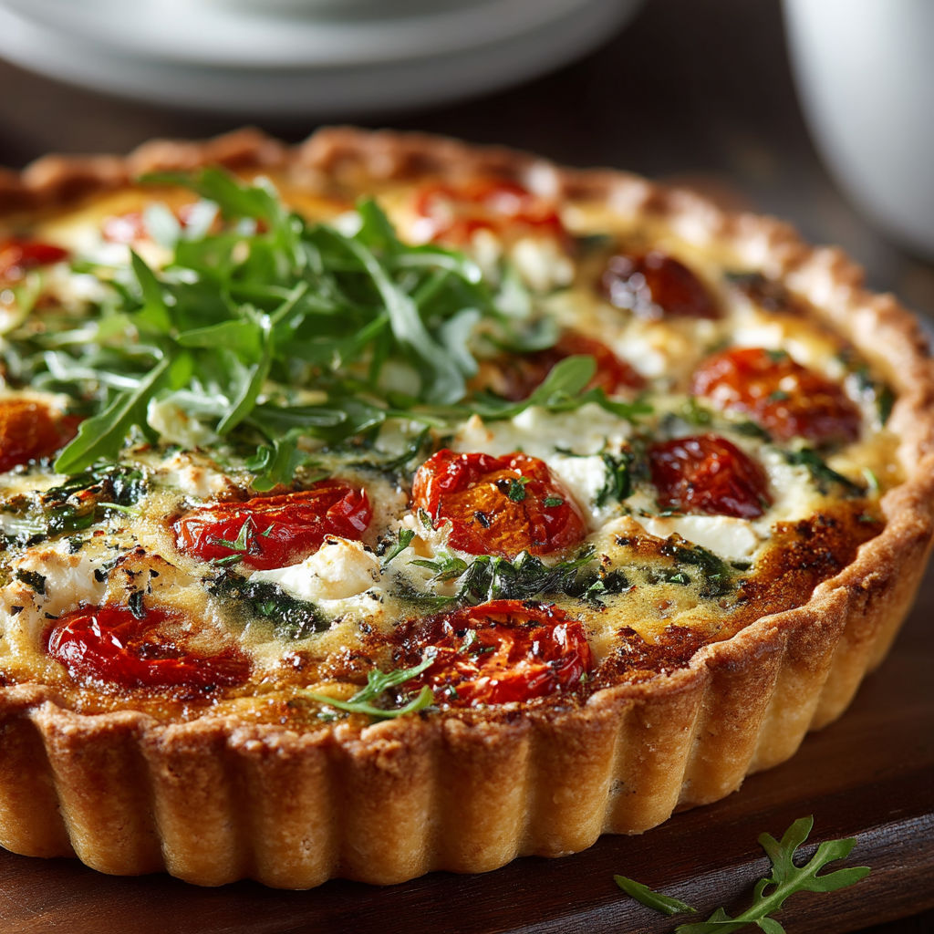 A quiche with tomatoes and spinach.