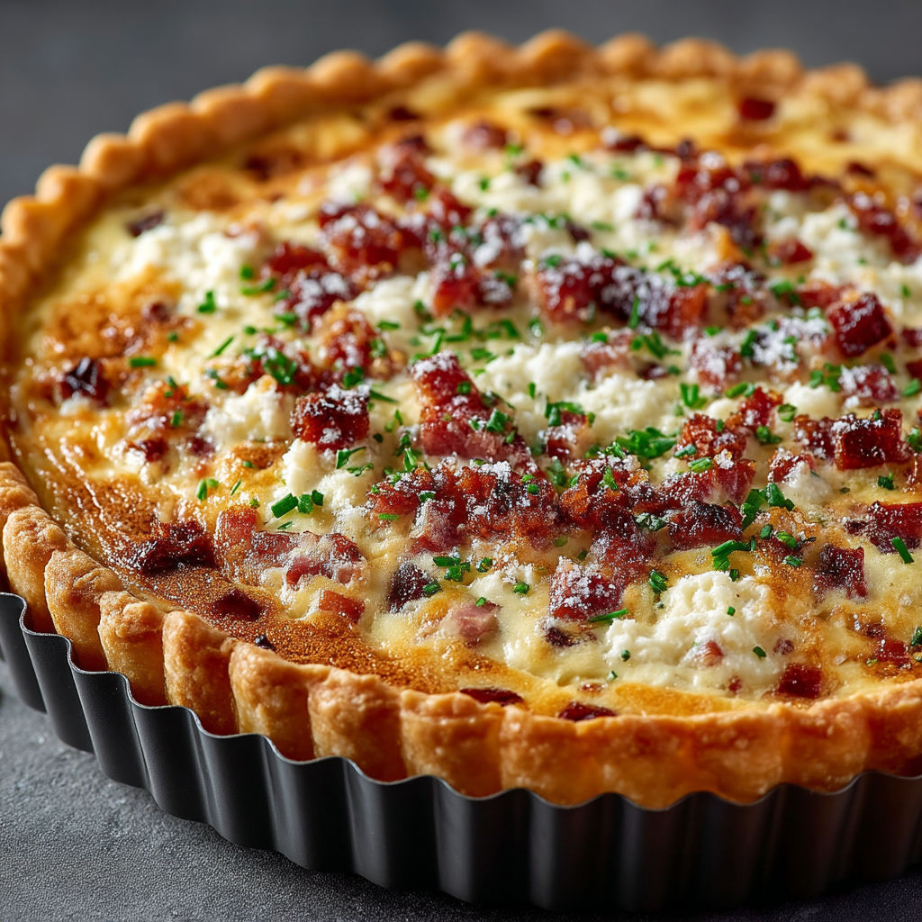 A quiche lorraine au lait with bacon and cheese.