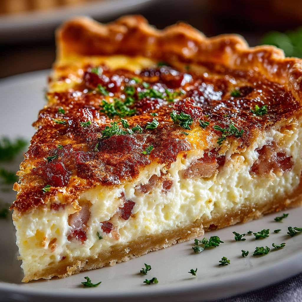 A slice of quiche lorraine au lait.
