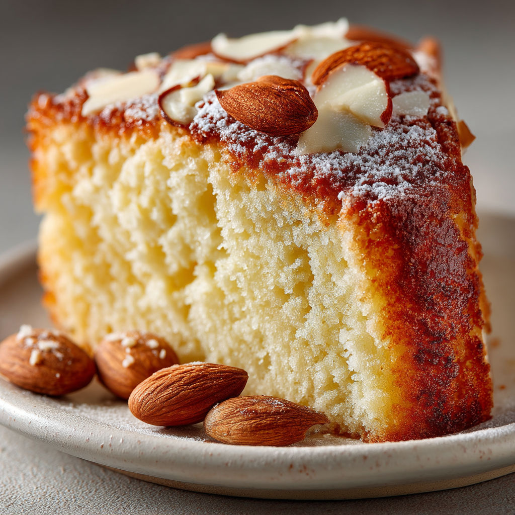A slice of cake with almonds on top.
