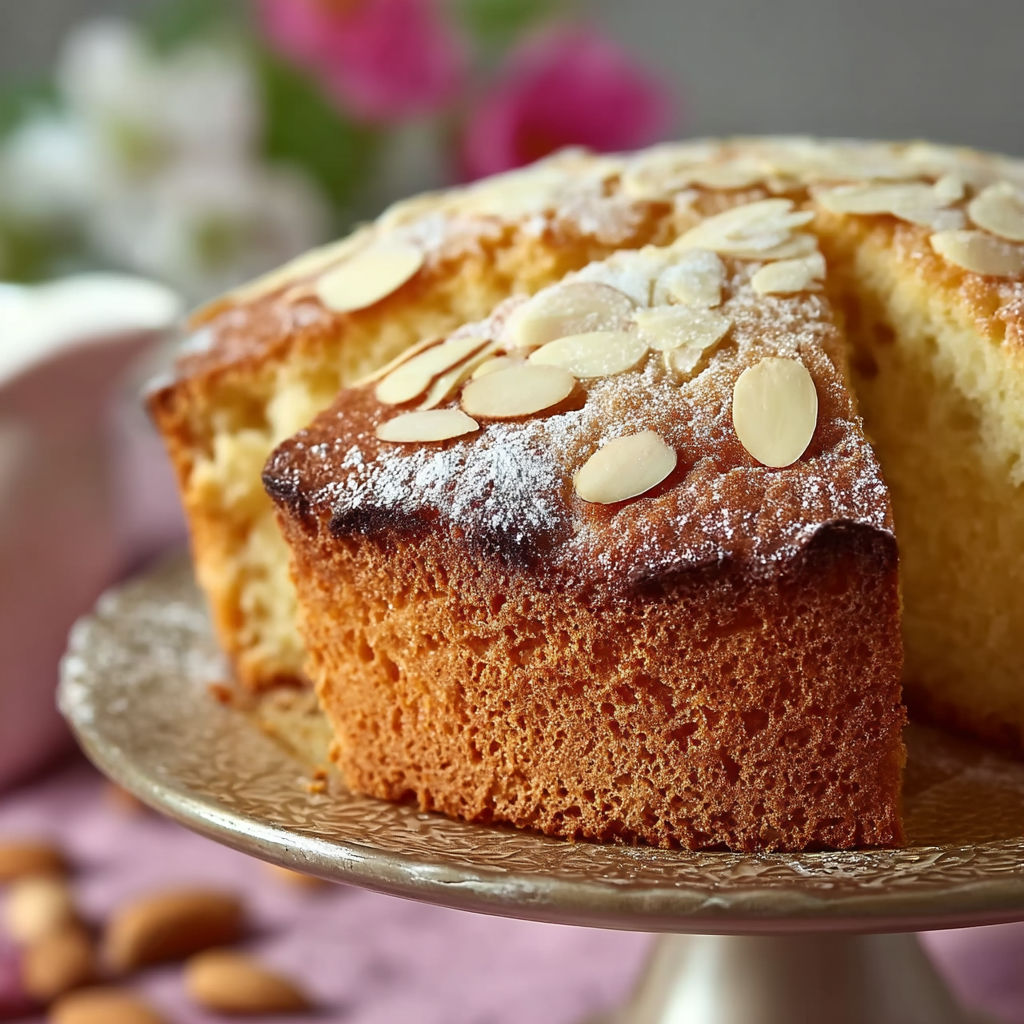A slice of cake with almonds on top.
