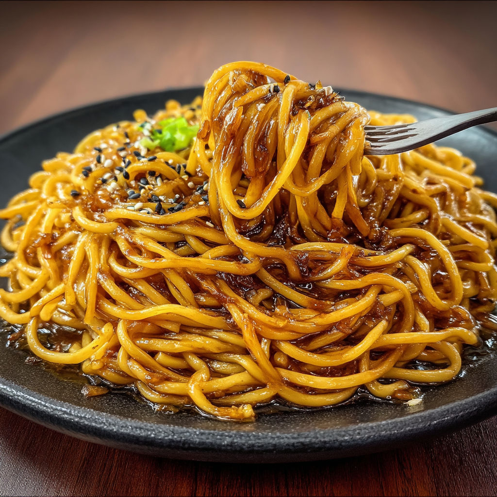 A plate of noodles with mushrooms and a green garnish.