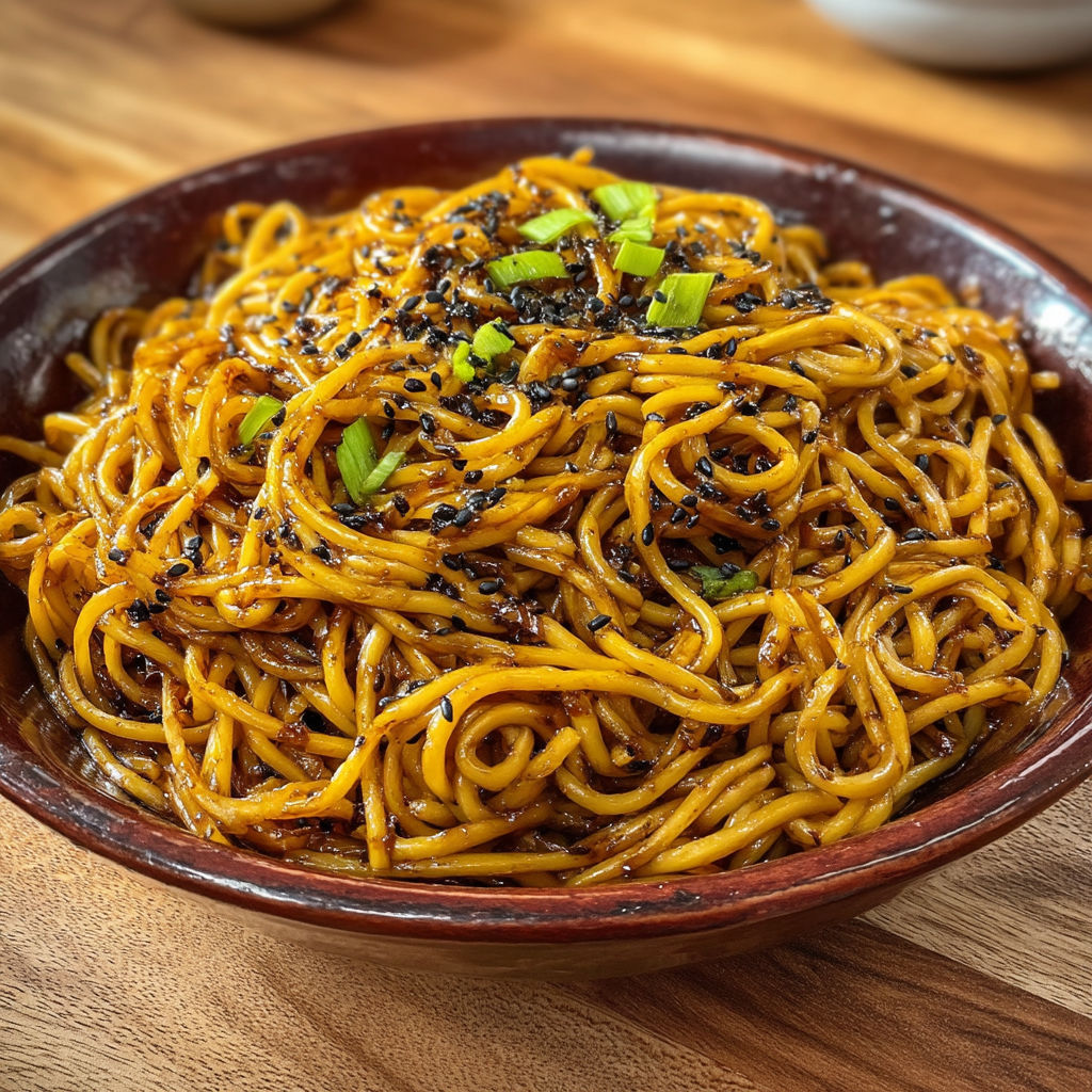 A bowl of noodles with green onions.