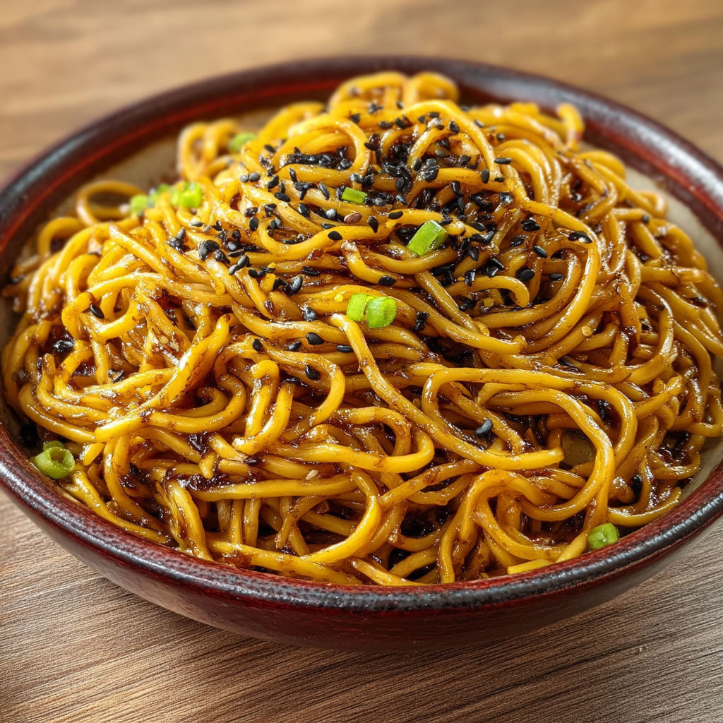 A bowl of noodles with black sesame seeds on top.