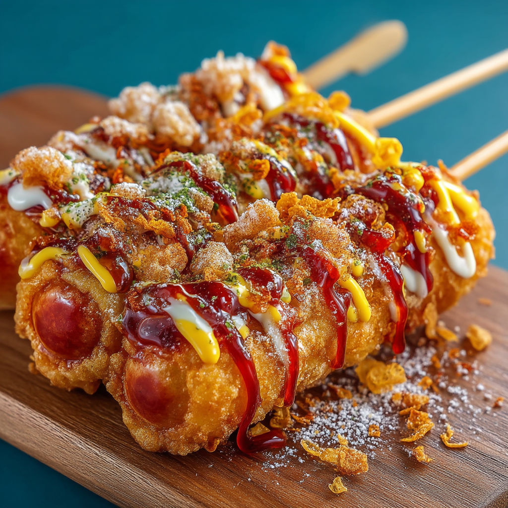 A hot dog on a stick with a bun and toppings.