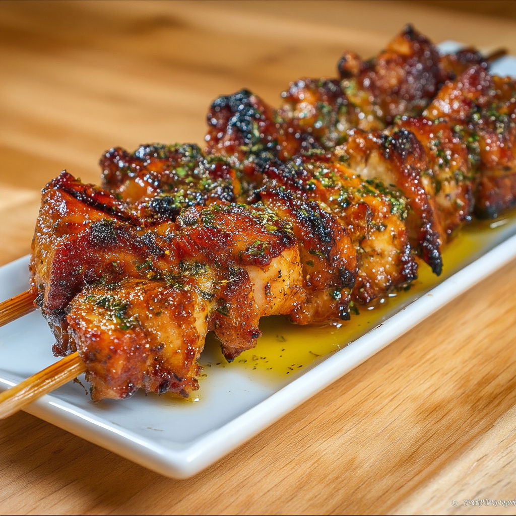 A skewer of meat with a wooden handle.