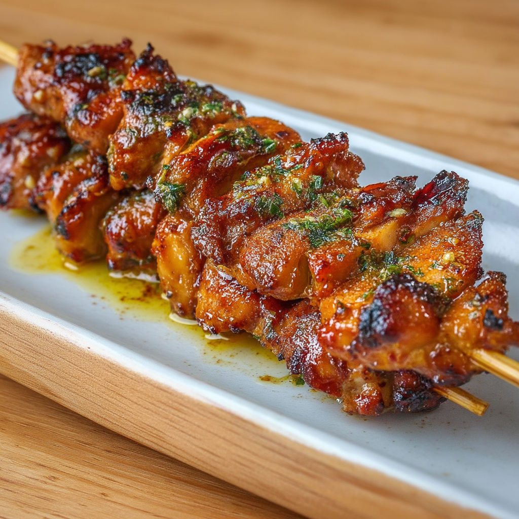 A skewer of meat with a wooden stick.