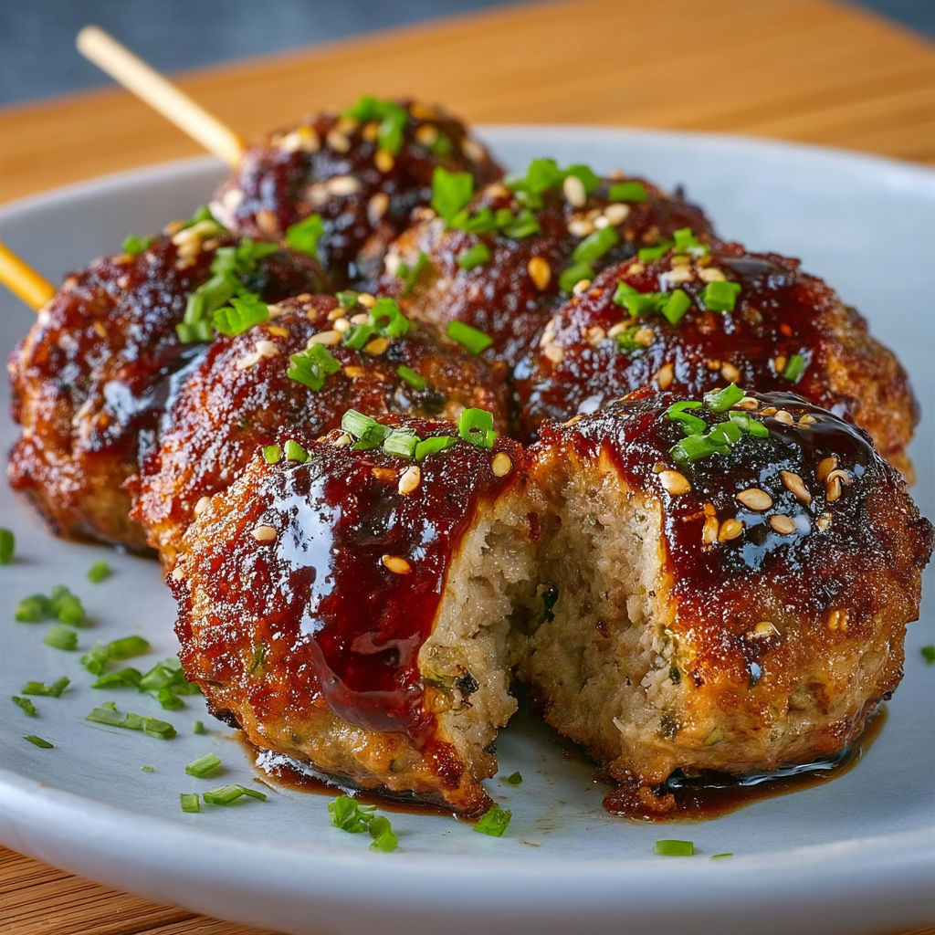 A plate of Tsukune, Japanese chicken balls, with sauce.