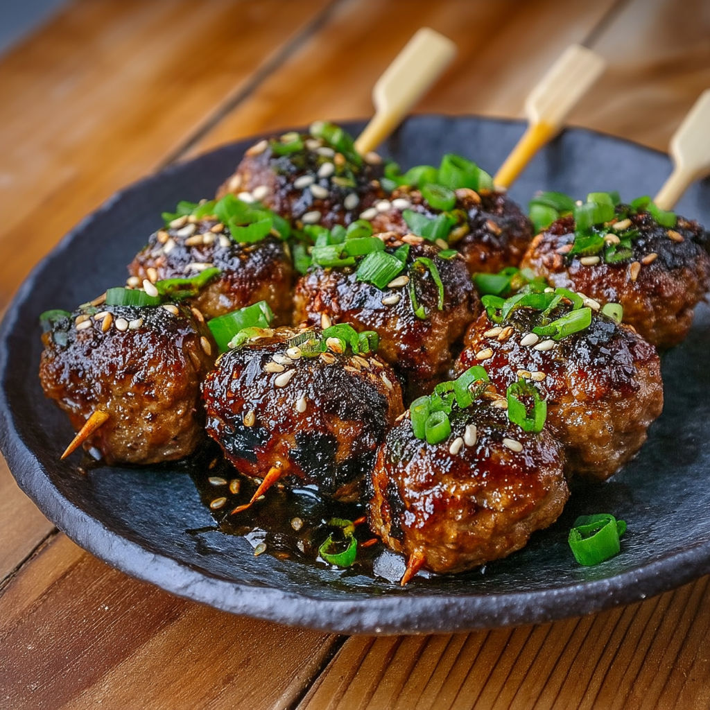 A plate of tsukune, a Japanese meatball, is served on a wooden table.