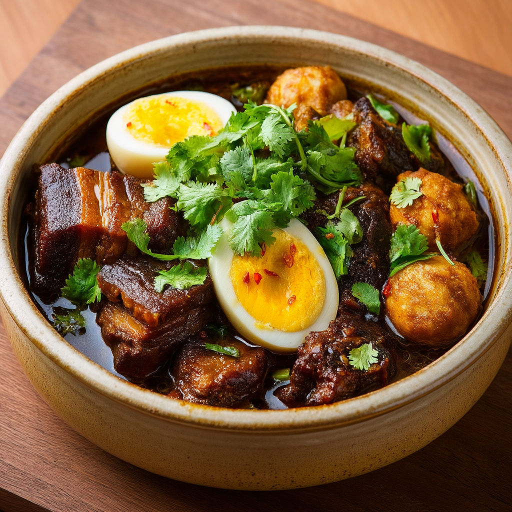 A bowl of food with eggs, meat, and vegetables.