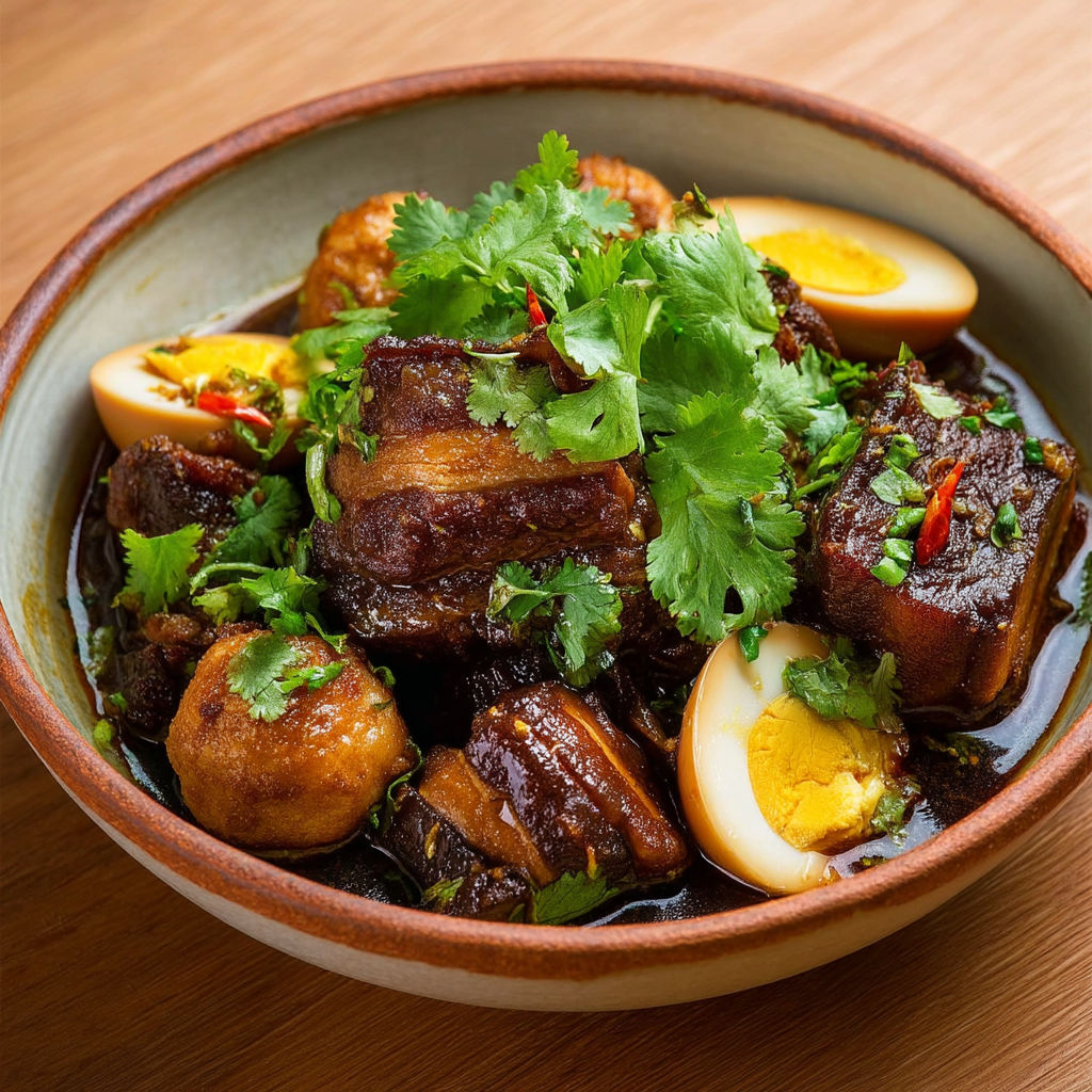 A bowl of food with meat and eggs.