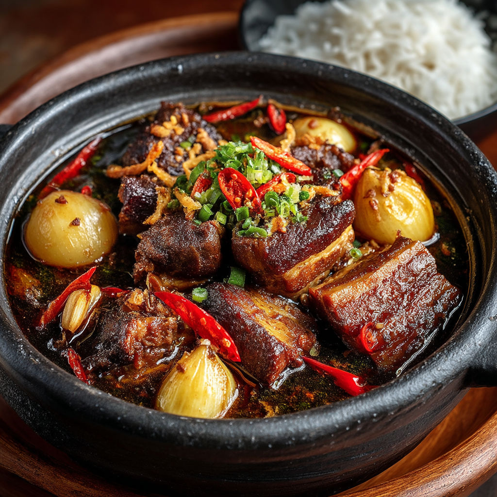 A bowl of food with meat and vegetables.