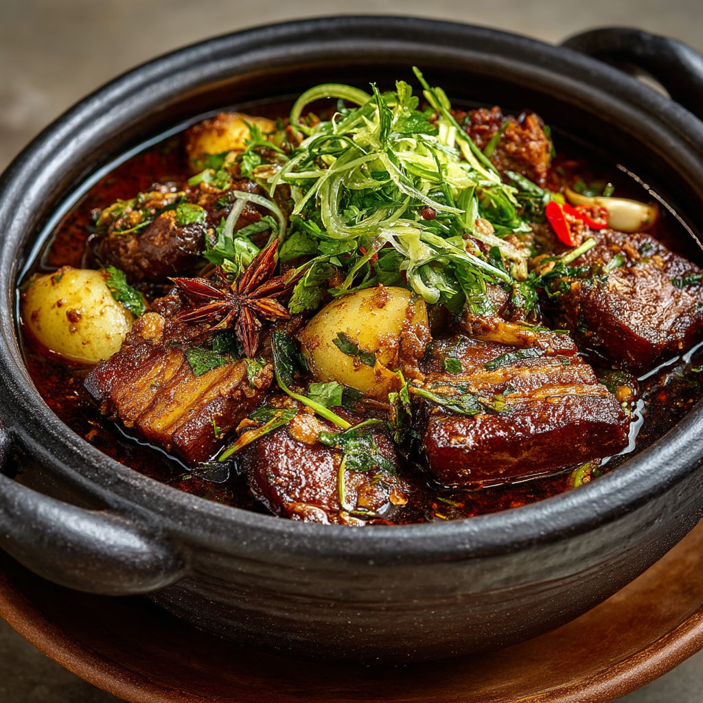 A bowl of food with a green topping.