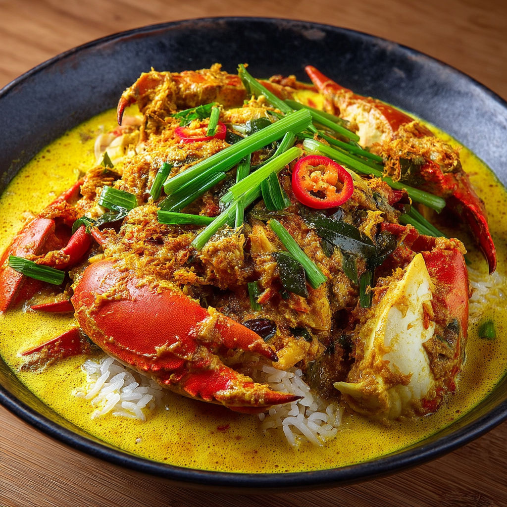A plate of Pad Pong Karee with a crab on top.