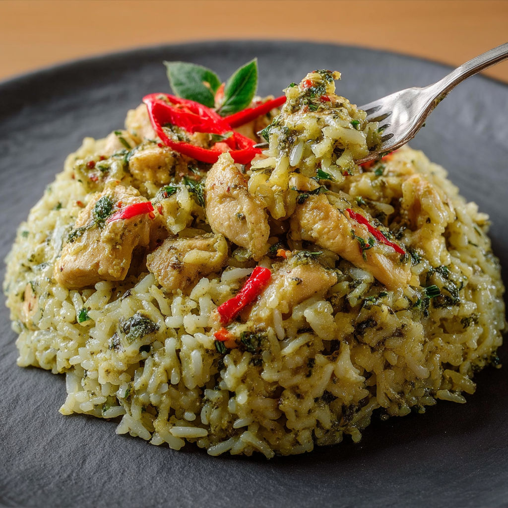 A plate of rice with green curry on top.
