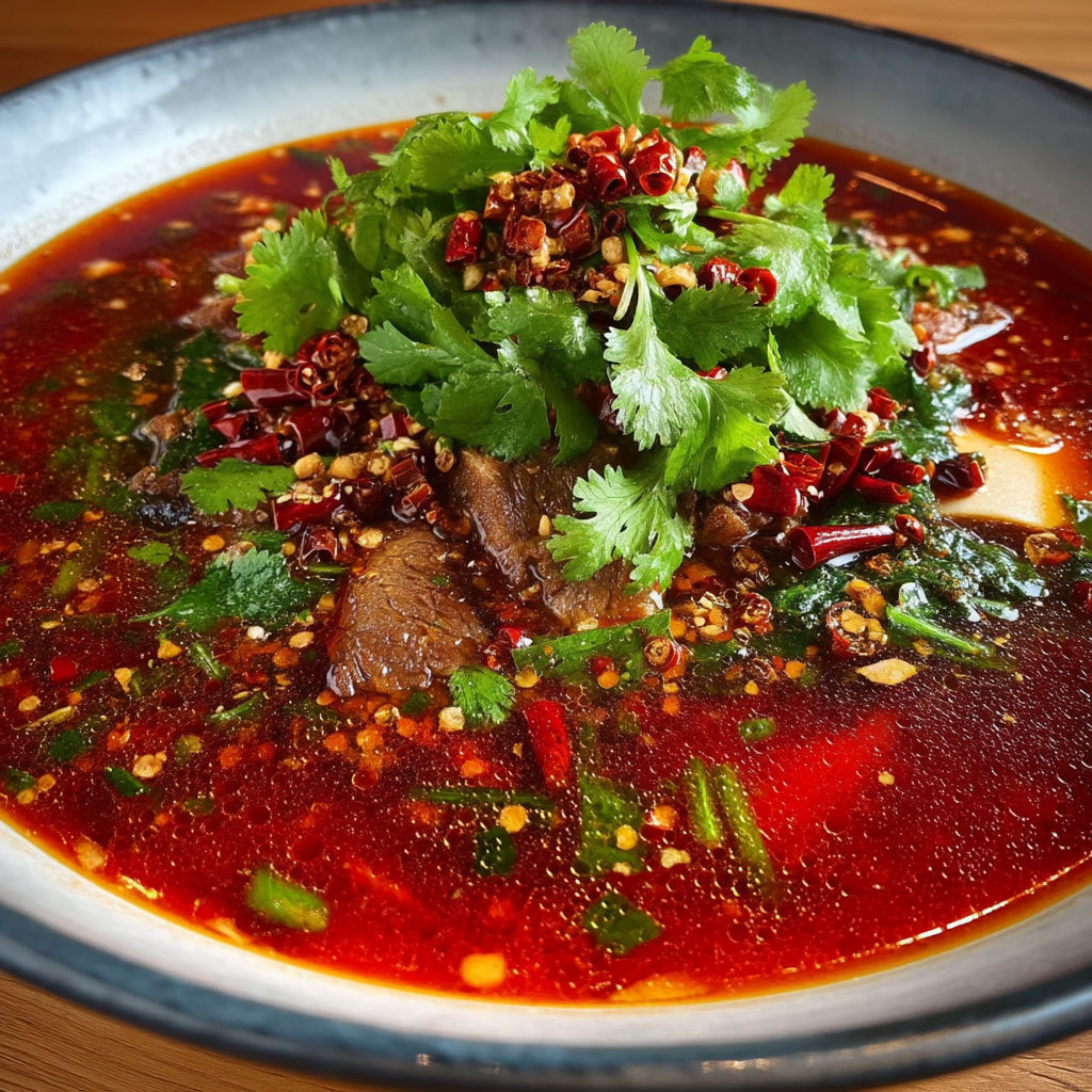 A bowl of soup with a green vegetable on top.