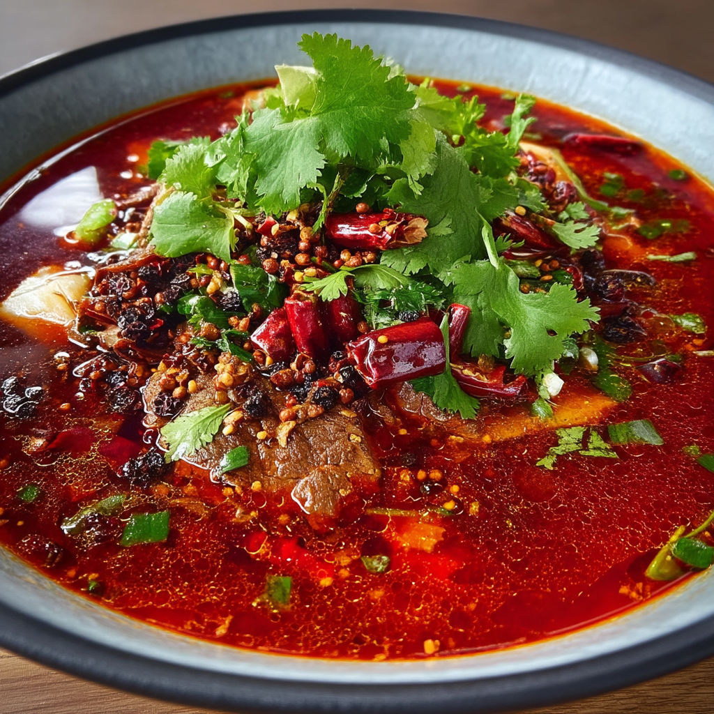 A bowl of soup with a green garnish.