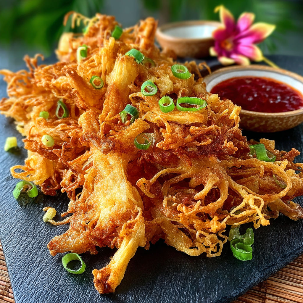 A plate of fried noodles with a bowl of dipping sauce.
