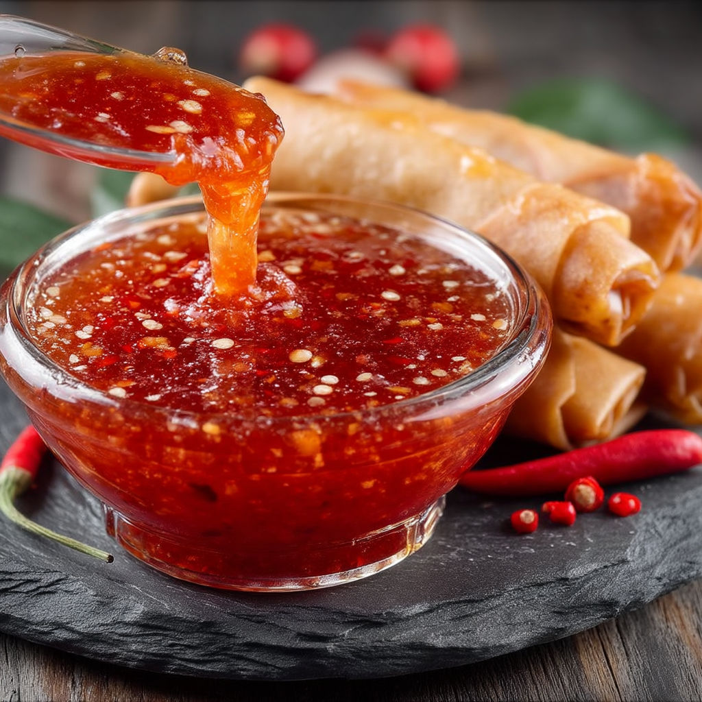 A bowl of sauce with a spoon in it.