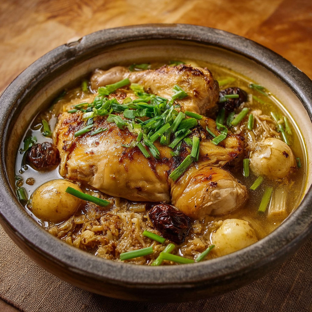 A bowl of food with chicken and vegetables.