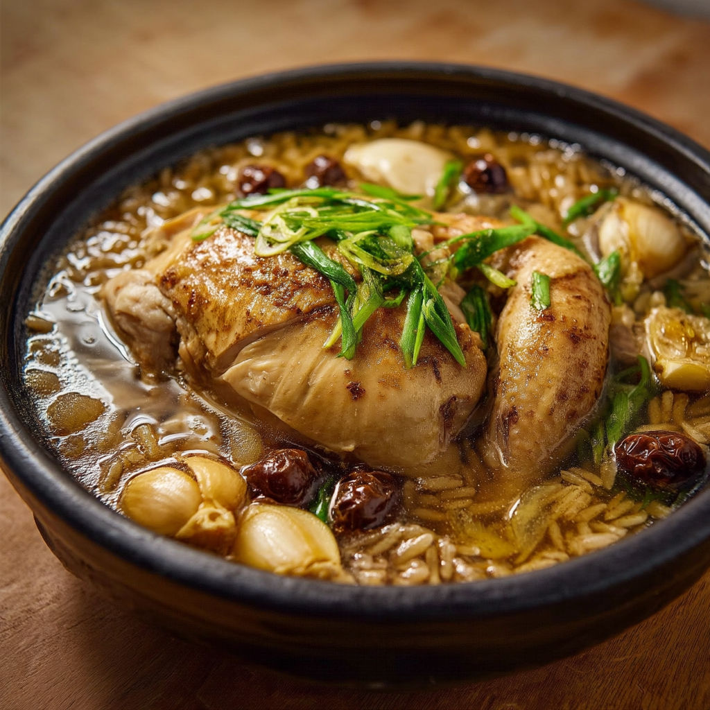 A bowl of soup with chicken and vegetables.
