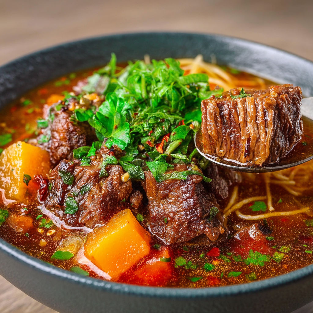 A bowl of soup with a spoon in it.