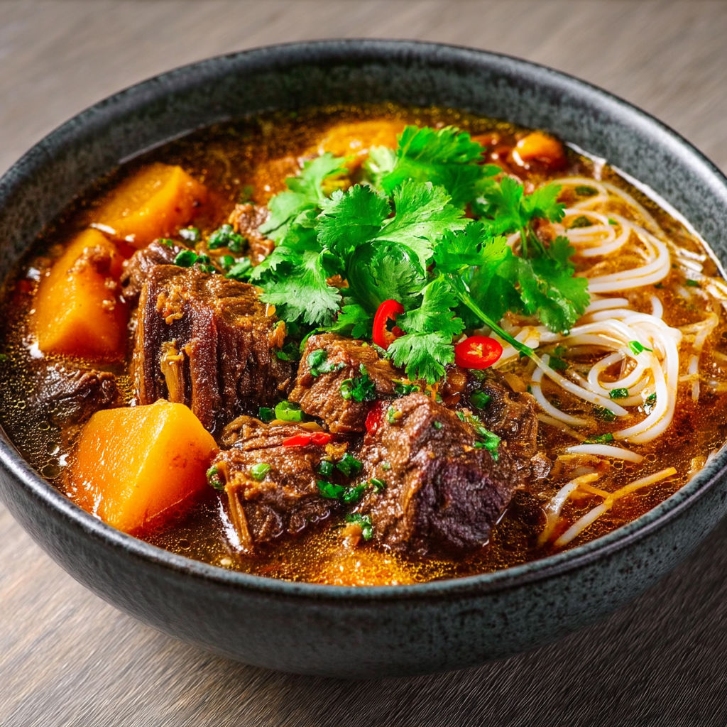 A bowl of soup with noodles and meat.
