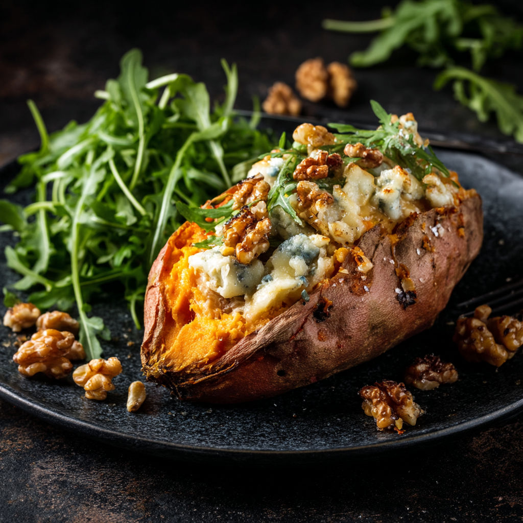 A plate of food with a patate douce au roquefort au air-fryer.
