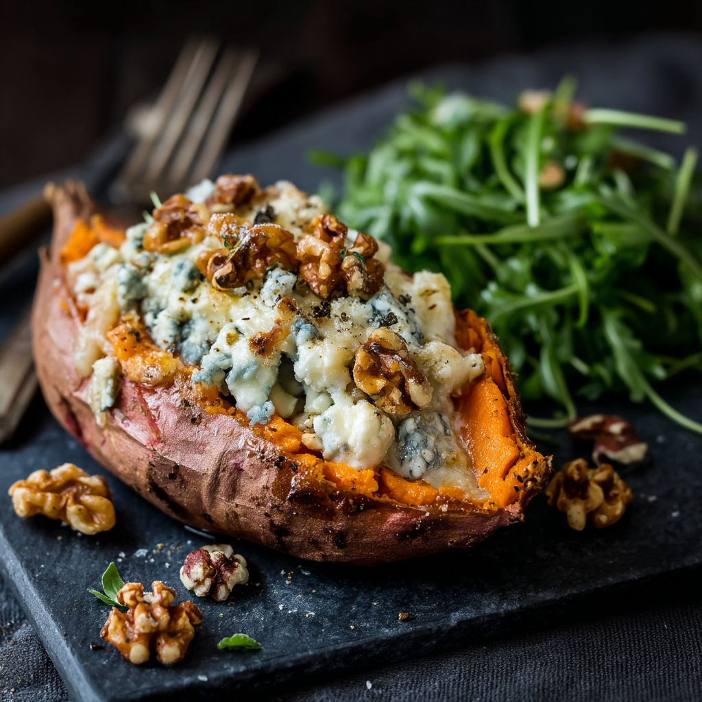 A roasted sweet potato with blue cheese and walnuts.