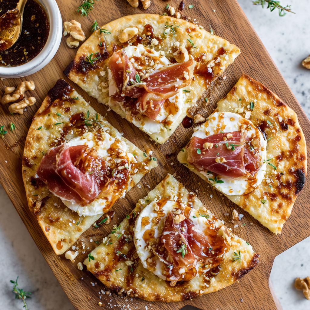 A pizza with ham and cheese on a wooden board.