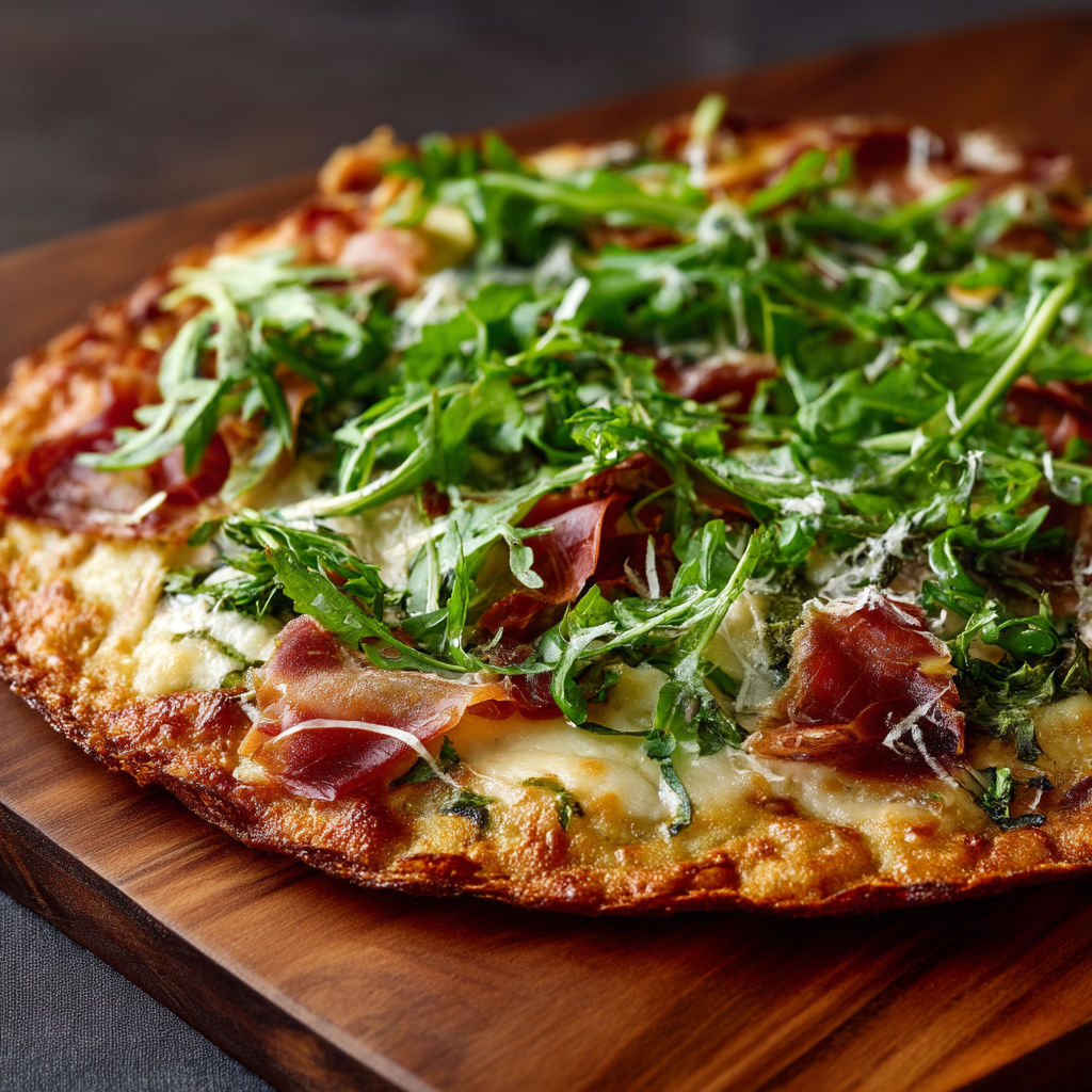 A pizza with greens on top.