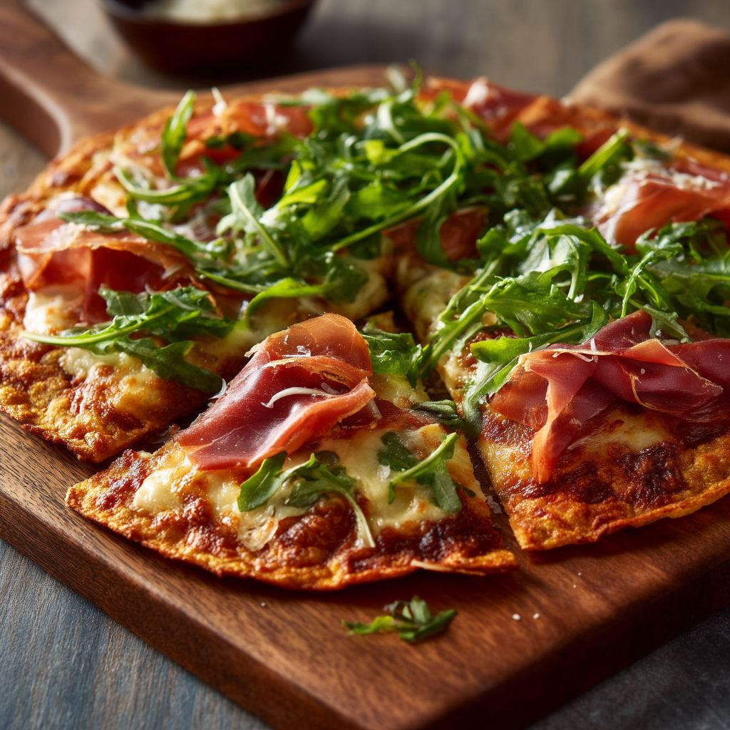 A pizza with greens on top.