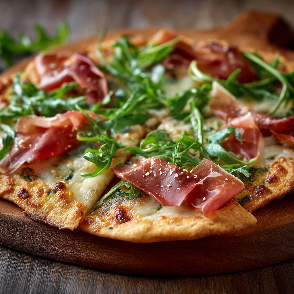 A pizza with meat and greens on top.