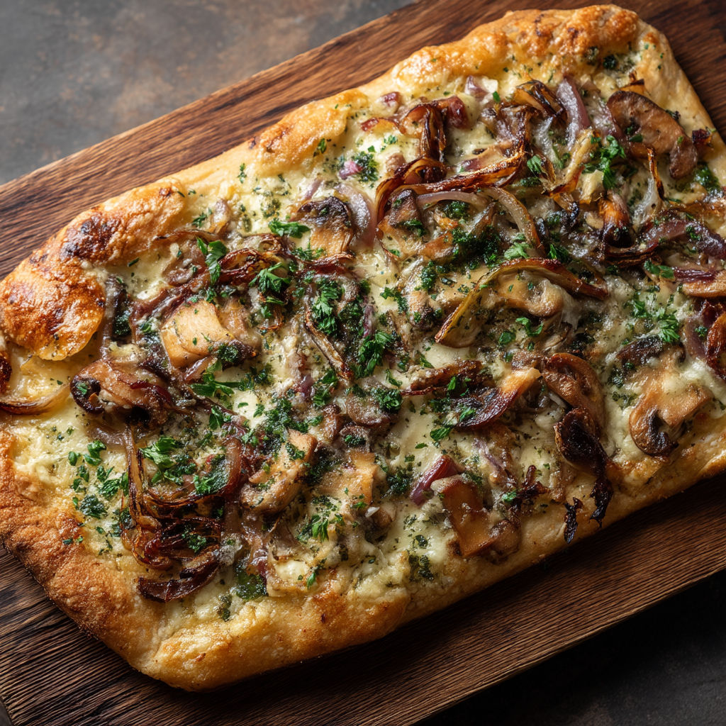 A close up of a pizza with mushrooms and onions.