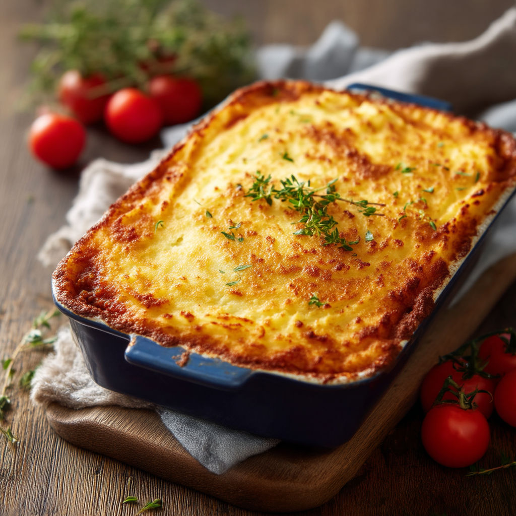 A blue dish with a casserole in it.