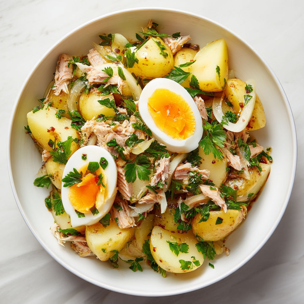 A bowl of salad with eggs and potatoes.